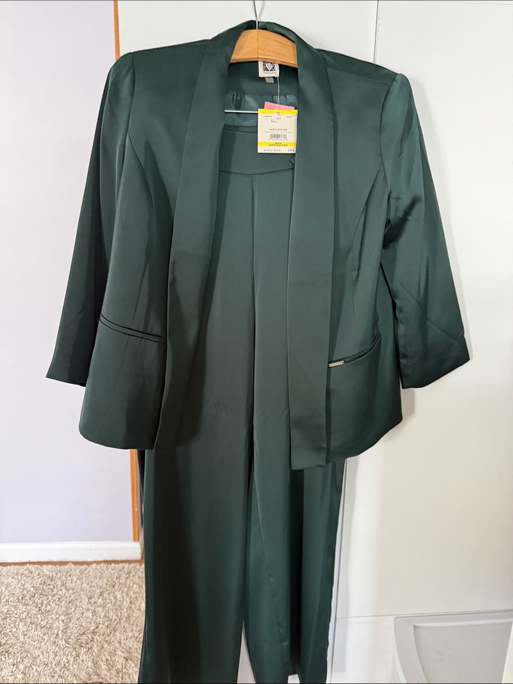 Anne Klein Dark Green Satin Open-Front Blazer